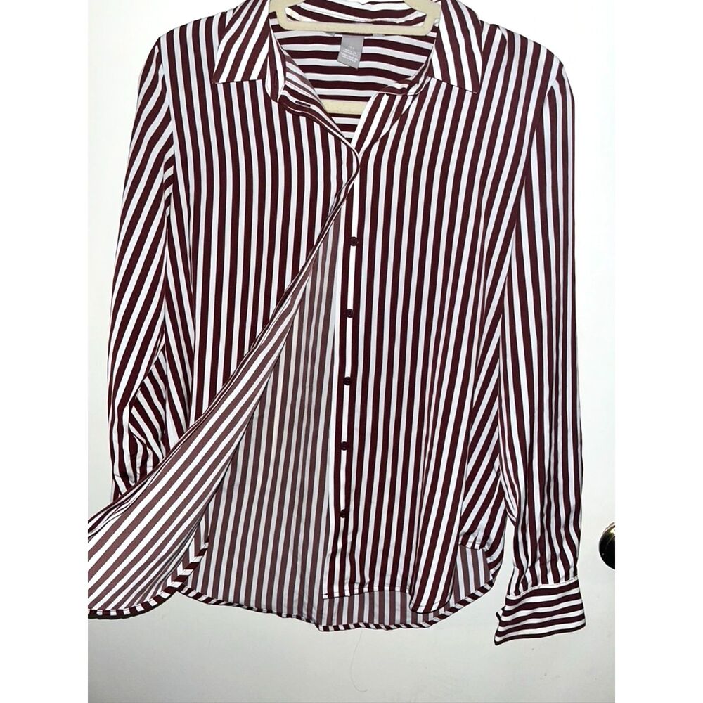 H&M Satin Maroon and White Striped Collared Long Sleeve Button Down Blouse